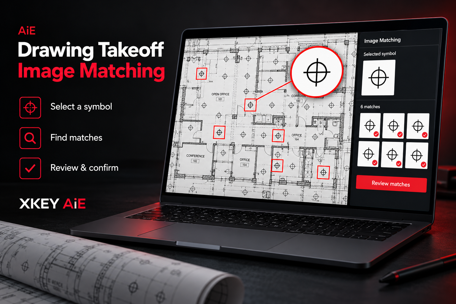 AiE Drawing Takeoff and Image Matching: select a symbol, find matches, review and confirm